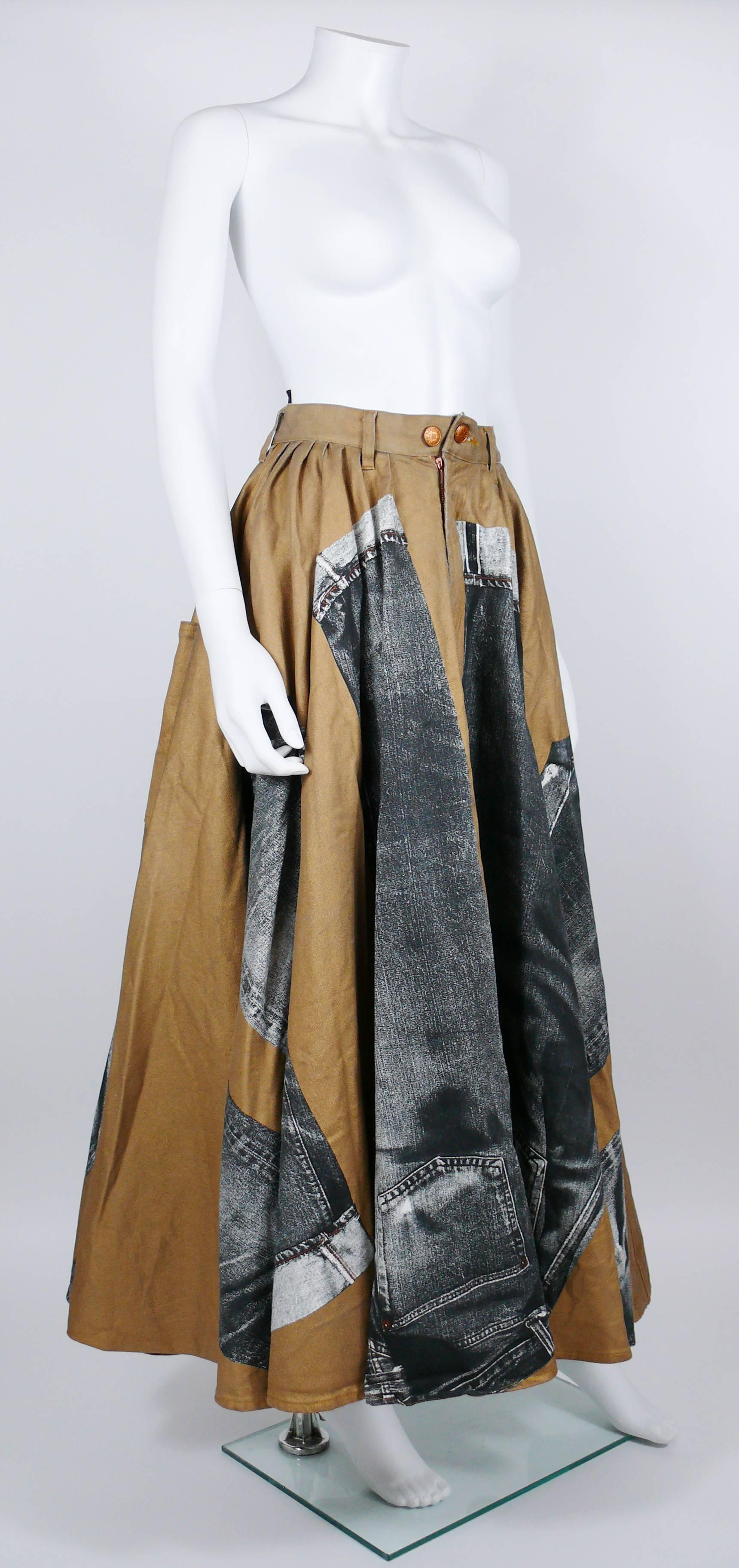 JEAN PAUL GAULTIER vintage trompe-l'oeil denim circle skirt in a rare gold-bronze color version with black & white jeans prints.

Massive.
Floor length.
Front zip fastening and buttoning.
Two large back pockets.
Has weight on it !

Label reads