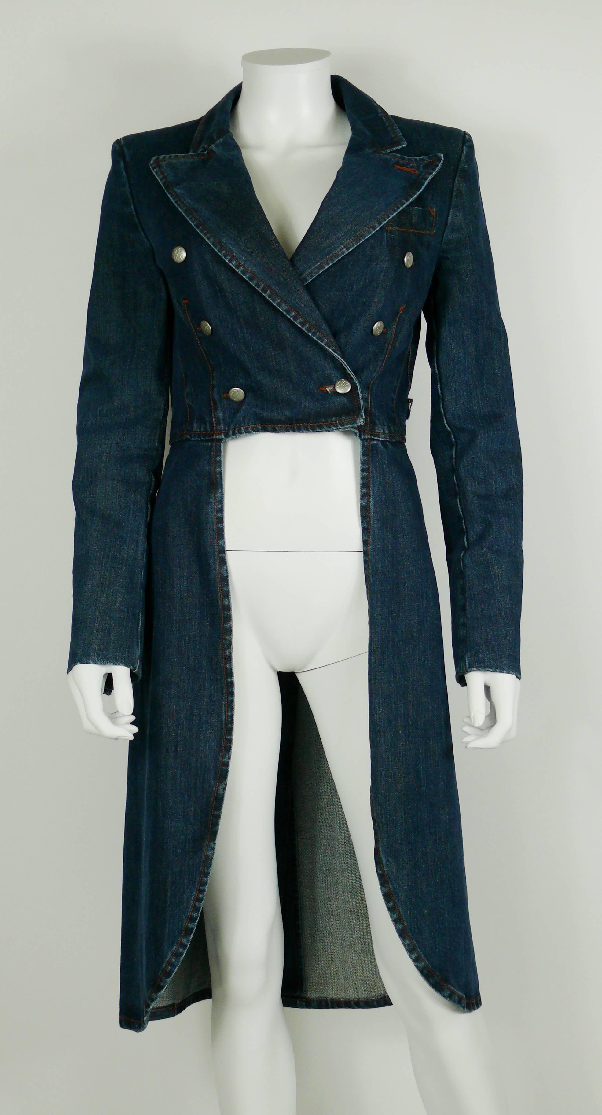 JEAN PAUL GAULTIER gorgeous denim tailcoat.

Double breasted buttons at the front.
Open front and wide collar.
Exaggerated long tails at the back.
Shoulder pads inside lining.

Label reads JPG Jean's.

Size label reads : I 40 / USA 6 / F 36 / GB 10