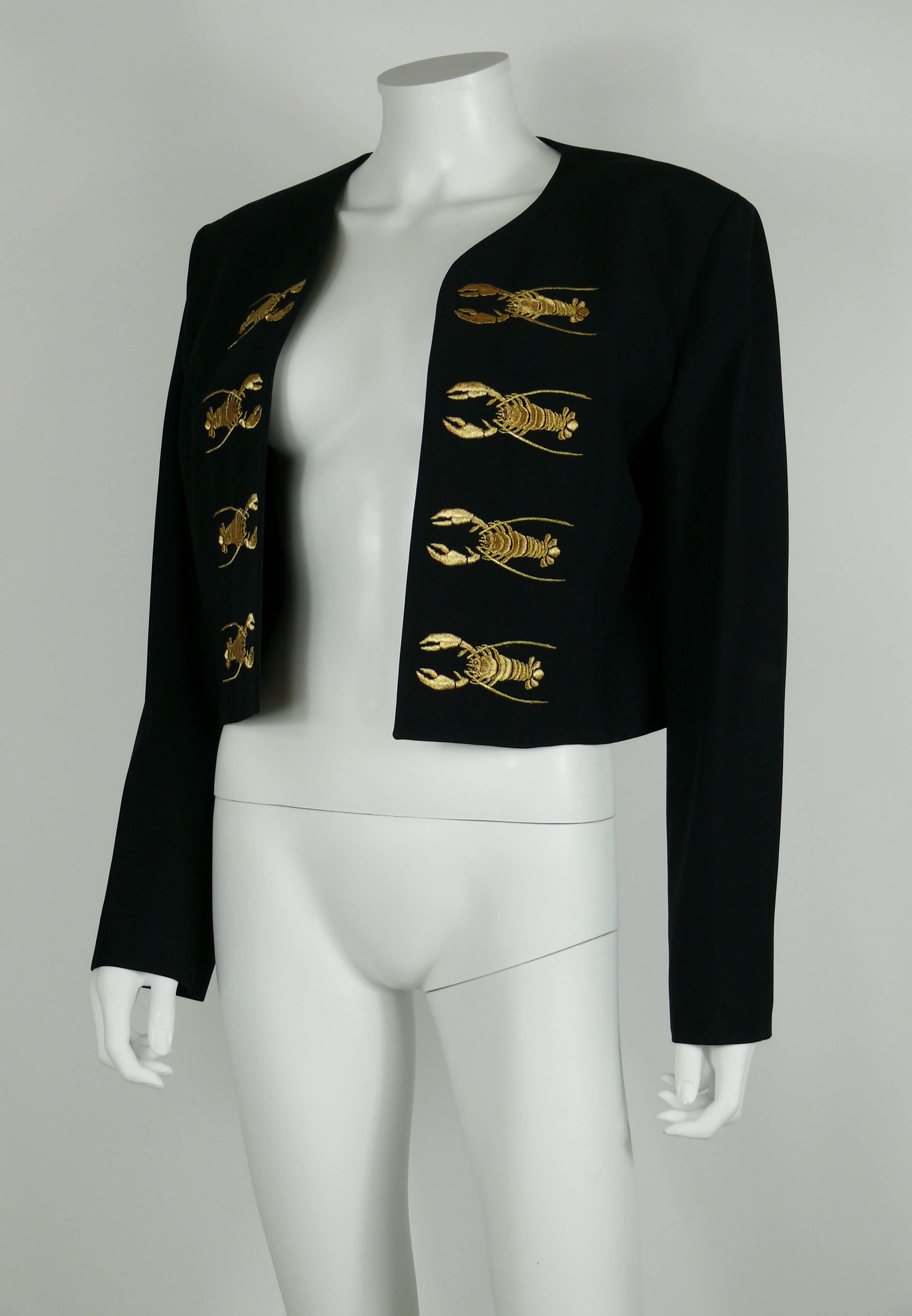 MOSCHINO Couture vintage rare 1989 iconic black blazer featuring gold embroidered lobsters.

No buttoning.
Fully lined.

Label reads MOSCHINO Couture Made in Italy CRUISE ME BABY.

Size label reads : I 46 / D 42 / F 42 / GB 14 / USA 12.
Please