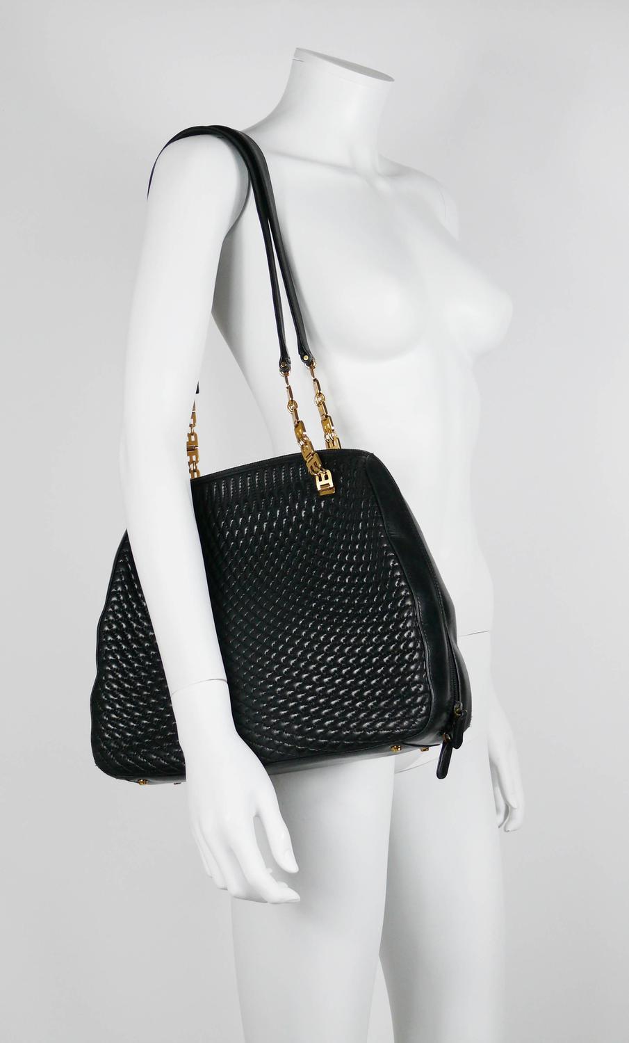 Bally Vintage Quilted Black Leather Shoulder Gold Chain Bag For Sale at