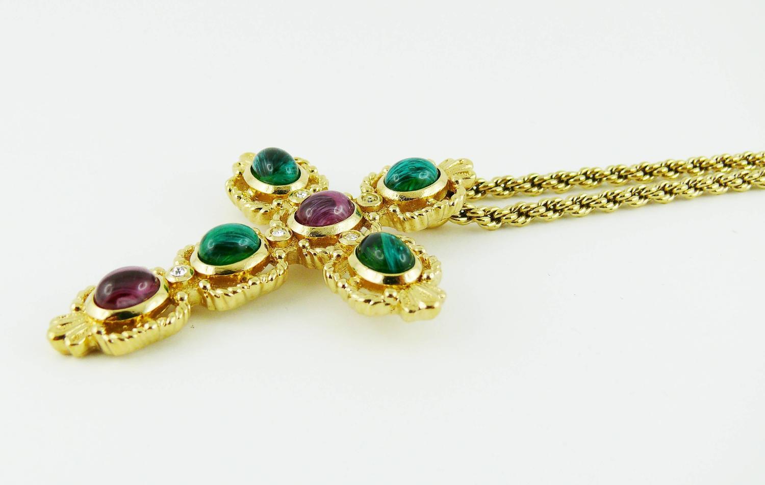 Christian Dior Vintage Jewelled Cross Pendant Necklace For Sale at 1stdibs