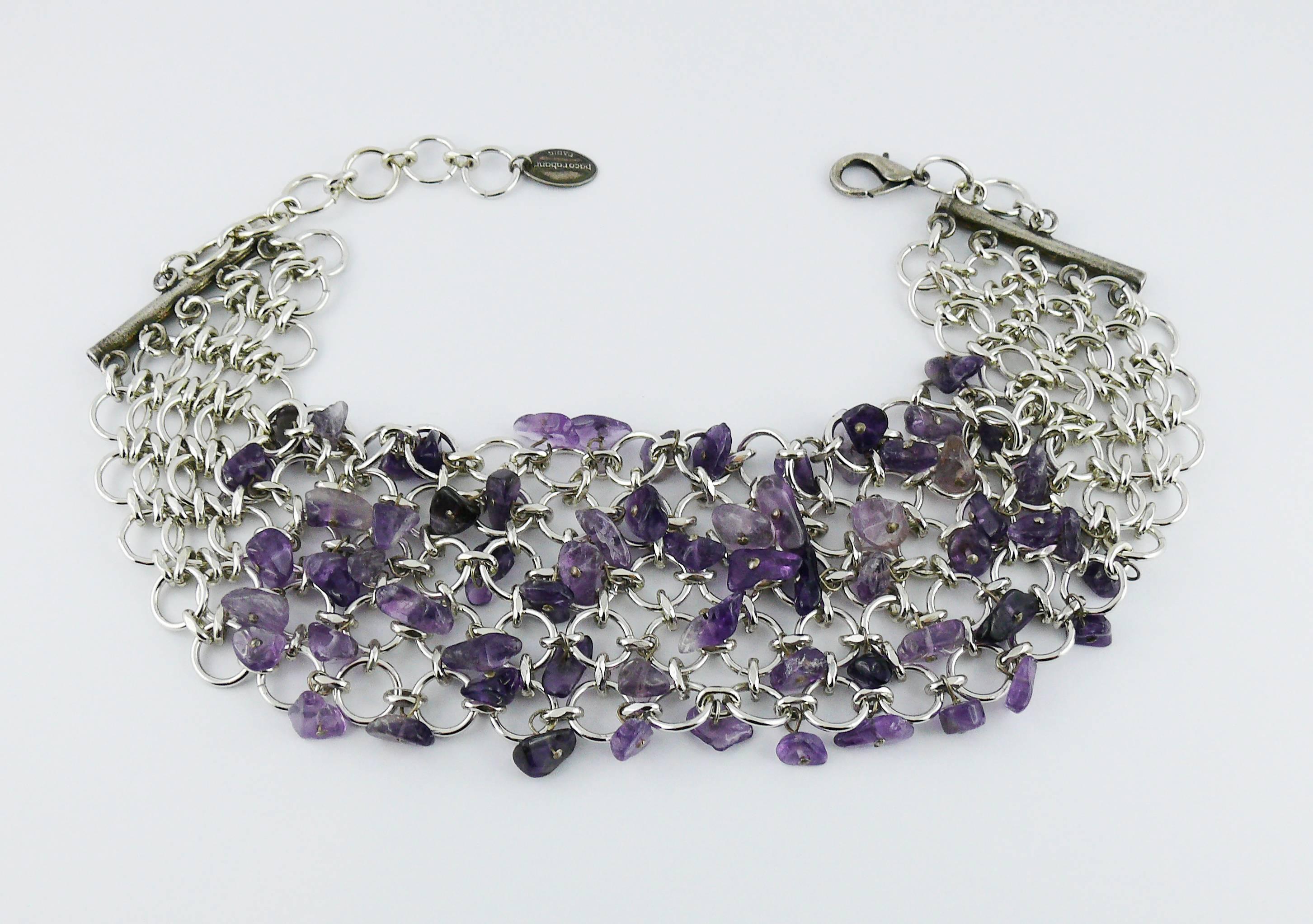 PACO RABANNE vintage choker necklace featuring a silver tone chainmail grid embellished with dangling purple quartz chips.

Lobster clasp closure.
Adjustable length with extension chain.

Marked PACO RABANNE Paris.

Indicative measurements : total