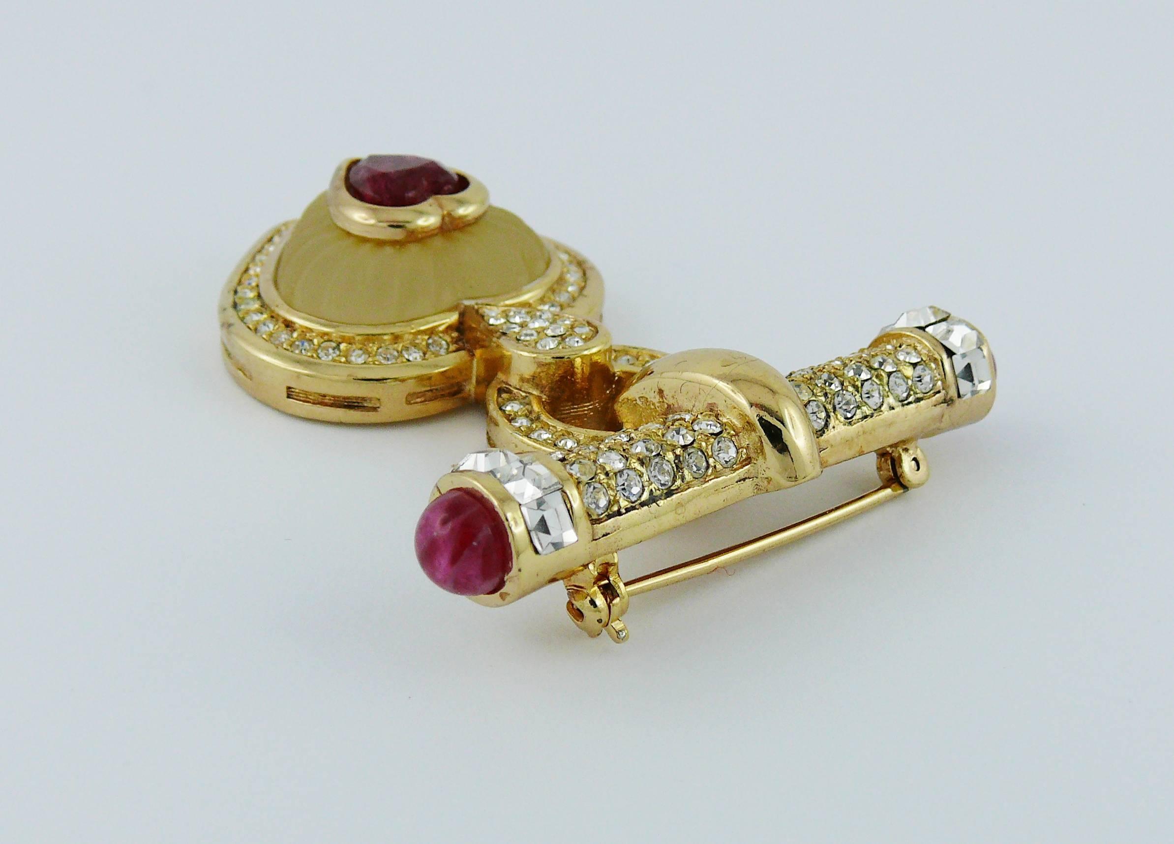 Christian Dior Vintage Diamante and Ruby Heart Dangle Brooch In Excellent Condition In Nice, FR