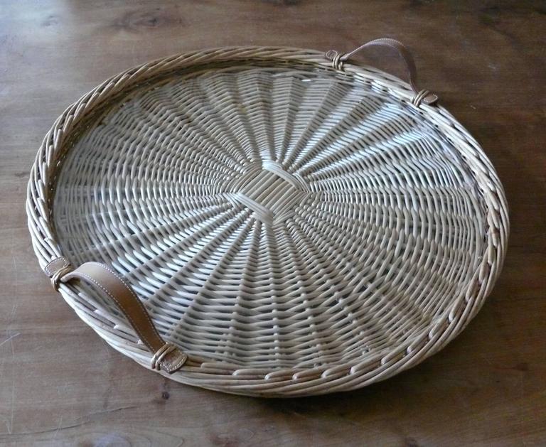 Hermes Vintage Rare Large Round Wicker, Large Round Basket Tray With Handles
