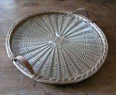 Hermes Vintage Rare Large Round Wicker Tray with Brown Leather Handles
