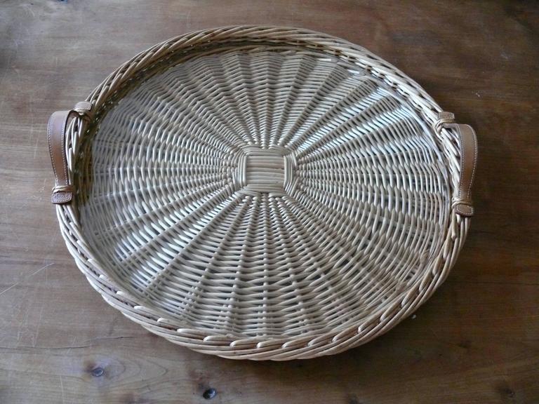 Hermes Vintage Rare Large Round Wicker Tray with Brown Leather Handles