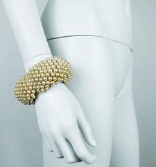 Alexis Lahellec Vintage 1980s Massive Gold Toned Pearl Clamper Cuff Bracelet