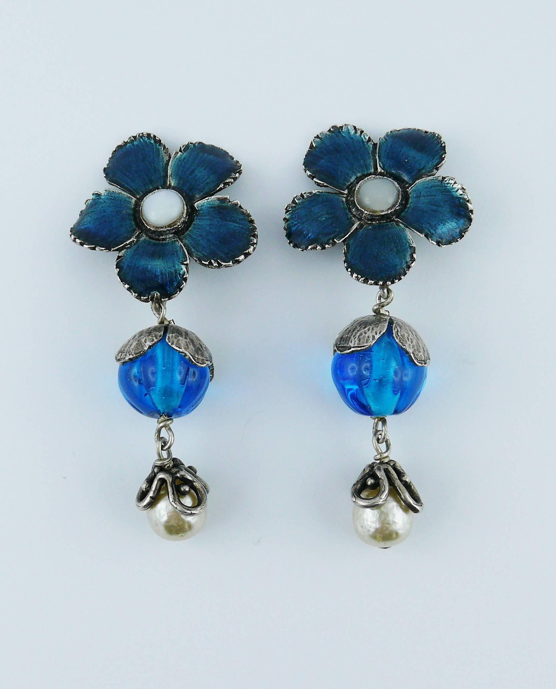 Women's Yves Saint Laurent Vintage Enameled Flower Dangling Earrings