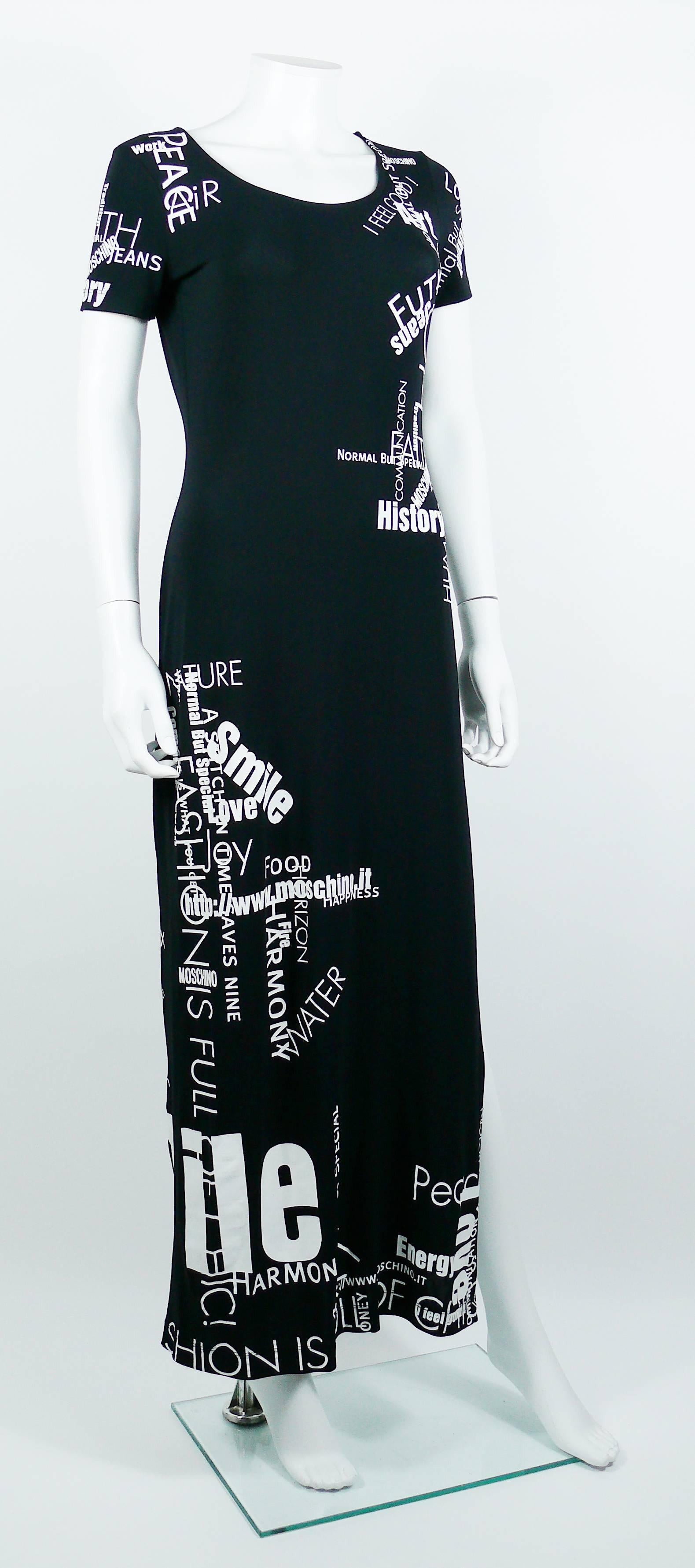 MOSCHINO vintage black maxi dress with all over text.

This dress features :
- Black hugging synthetic with spandex material.
- White print lettering with words 