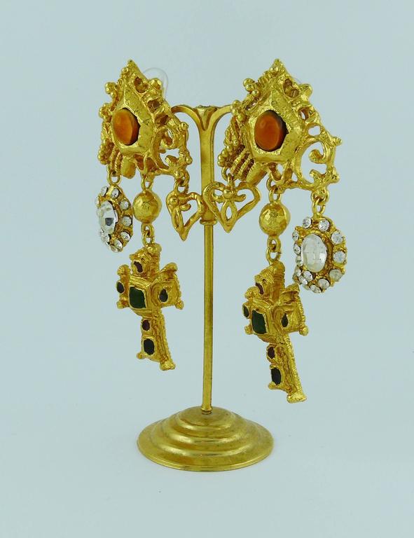 Christian Lacroix Vintage Jewelled Baroque Cross Dangling Earrings at