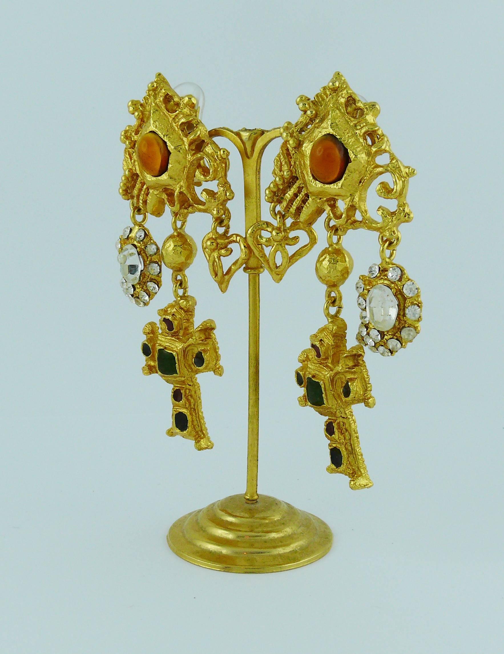 Women's Christian Lacroix Vintage Jewelled Baroque Cross Dangling Earrings