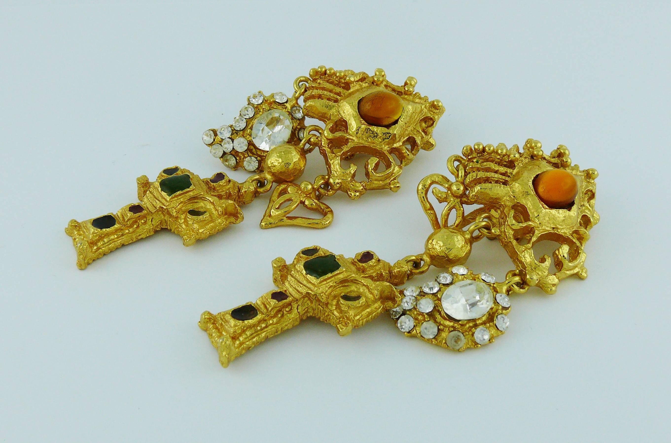 Christian Lacroix Vintage Jewelled Baroque Cross Dangling Earrings 3