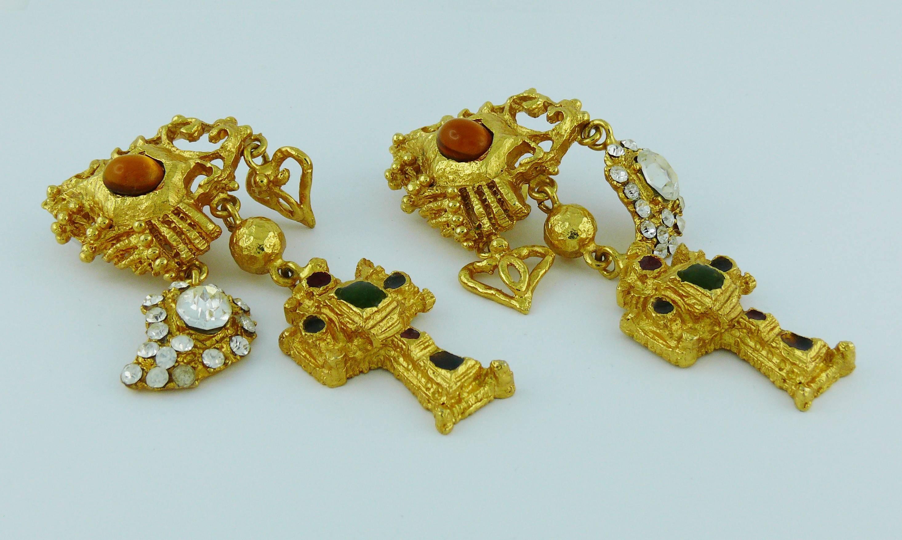 Christian Lacroix Vintage Jewelled Baroque Cross Dangling Earrings 1