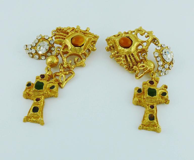 Christian Lacroix Vintage Jewelled Baroque Cross Dangling Earrings at