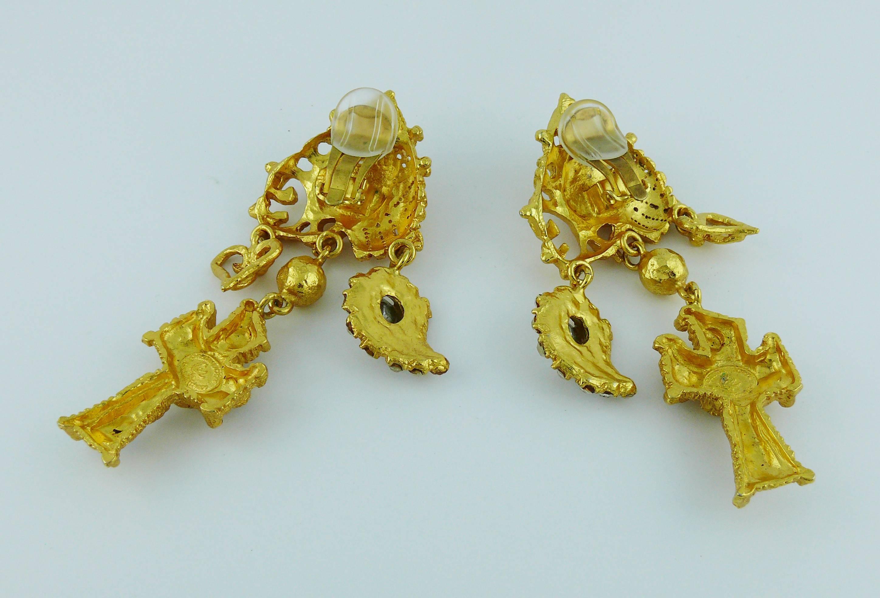 Christian Lacroix Vintage Jewelled Baroque Cross Dangling Earrings 4