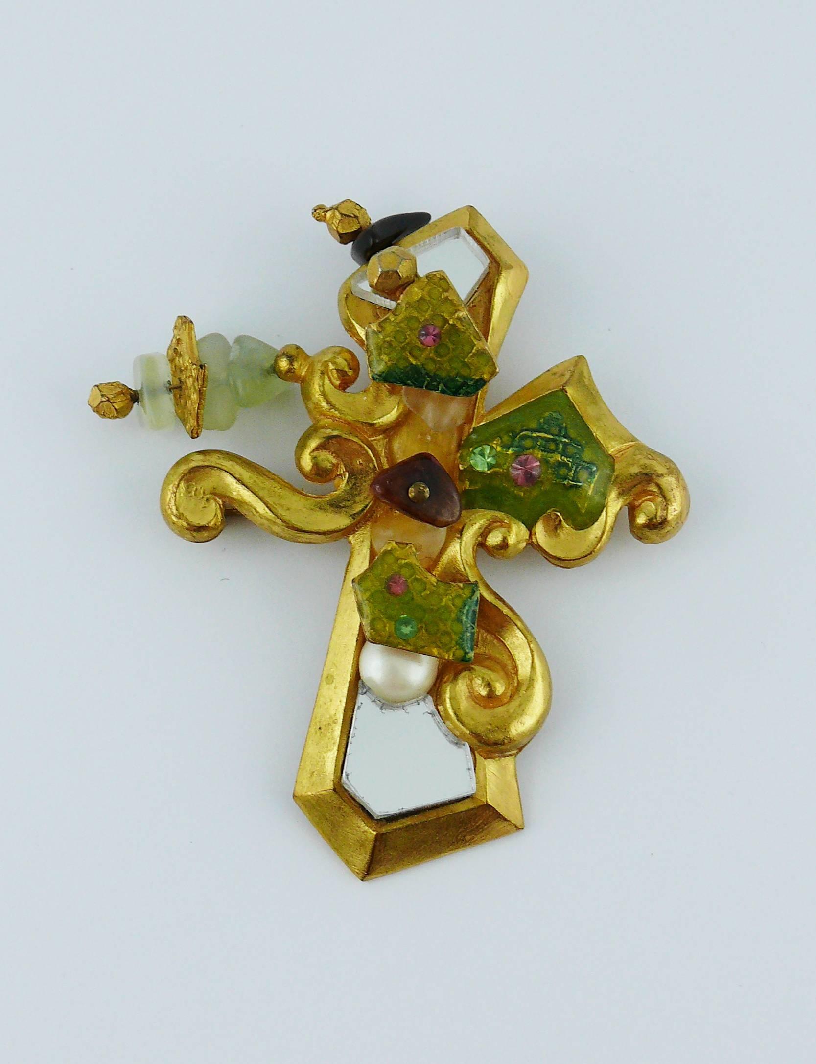 Christian Lacroix Vintage Baroque Mirrored Cross Brooch Pendant In Excellent Condition In Nice, FR