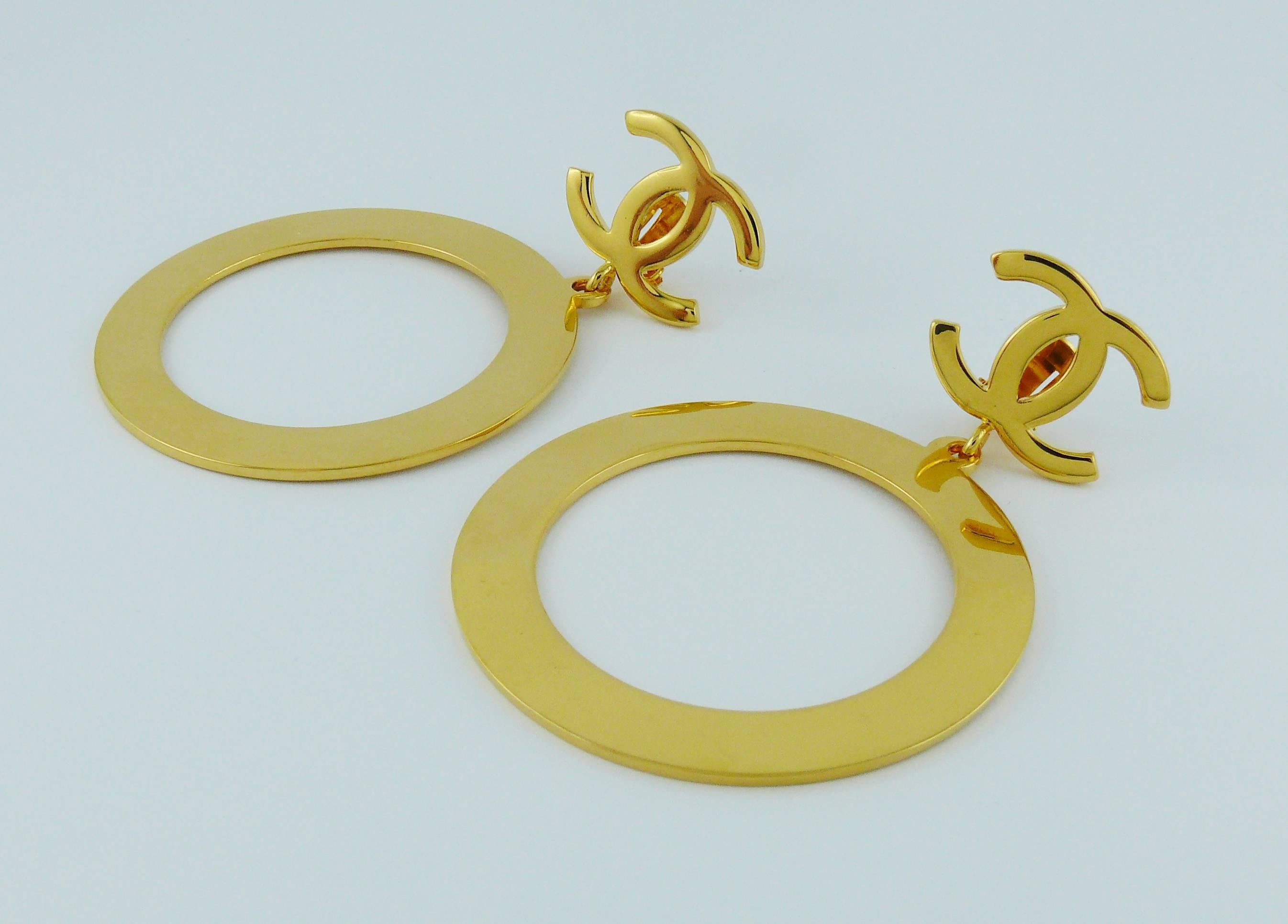 Chanel Vintage Massive Gold Toned Iconic Hoop Dangling Earrings 2