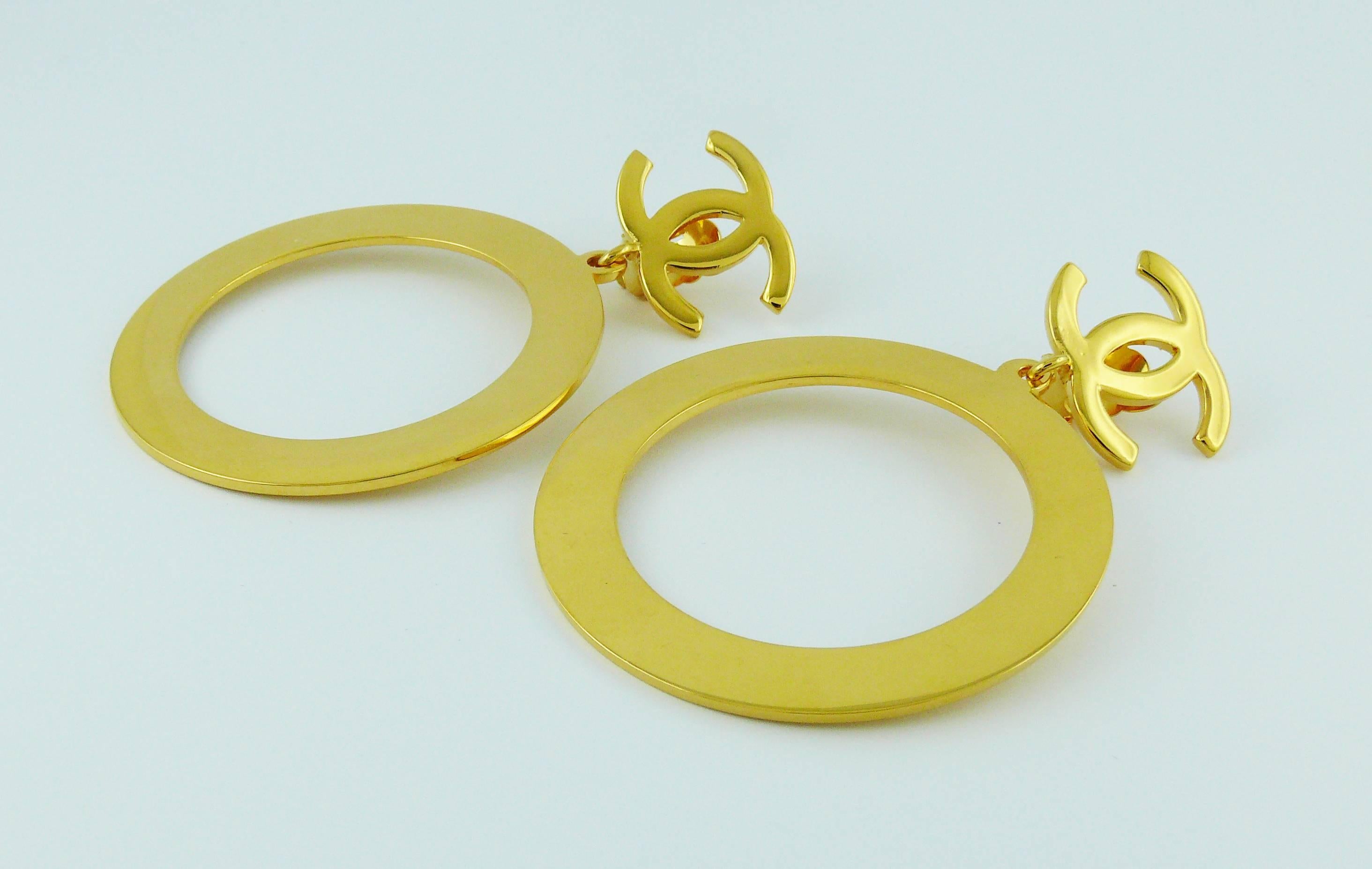 Chanel Vintage Massive Gold Toned Iconic Hoop Dangling Earrings 1