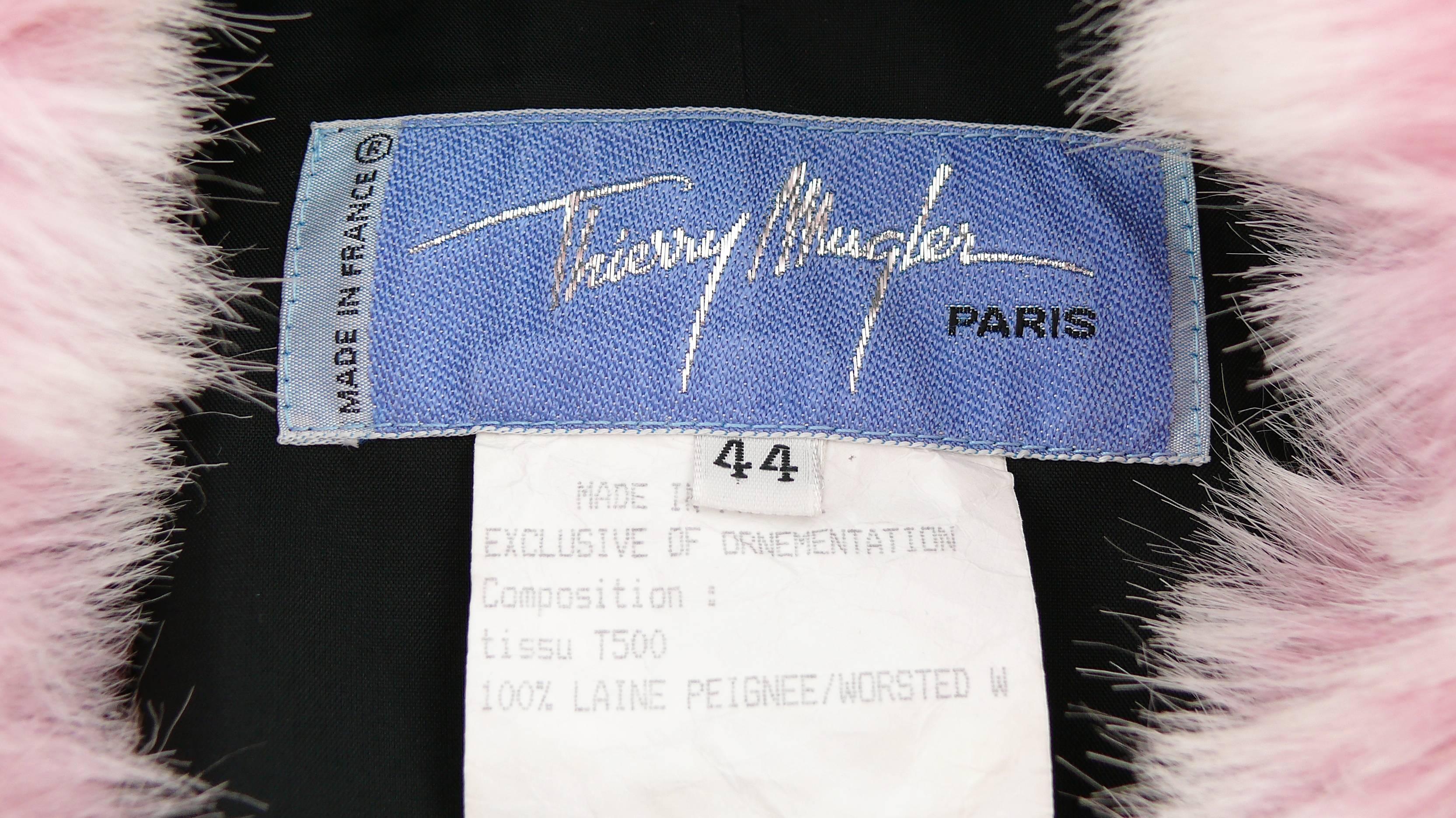 Thierry Mugler Vintage Black Worsted Wool and Faux Pink Fur Pant Suit 6