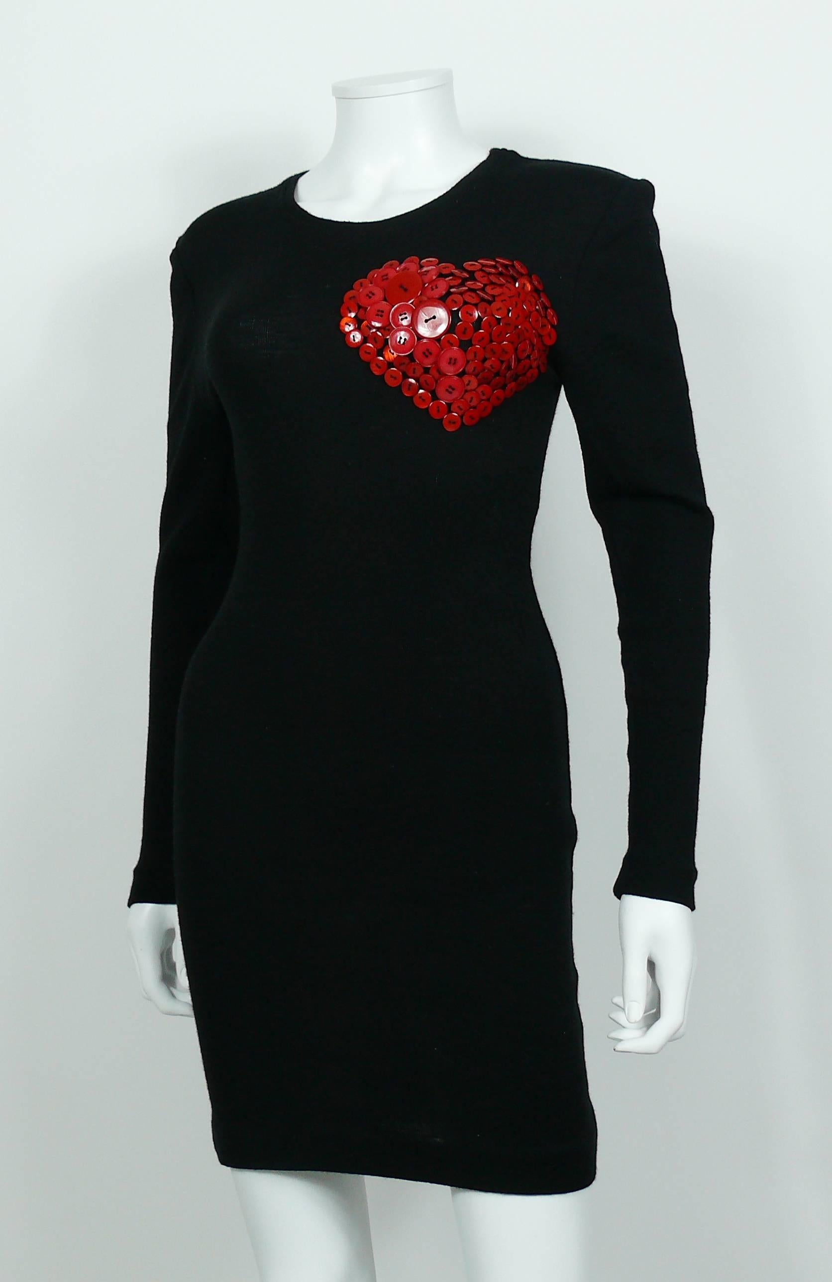 Patrick Kelly Vintage 1980s Black Wool Iconic Dress Heart Buttons 1
