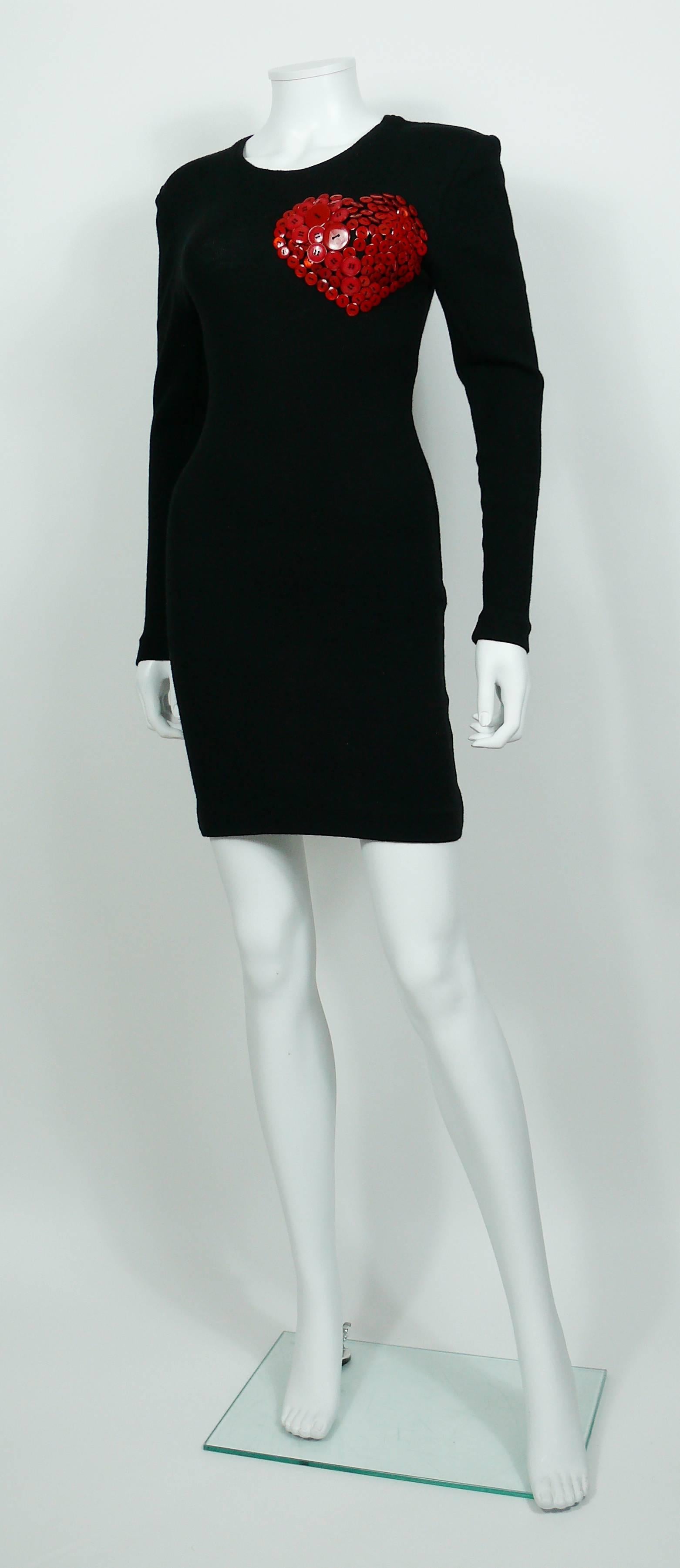 Women's Patrick Kelly Vintage 1980s Black Wool Iconic Dress Heart Buttons