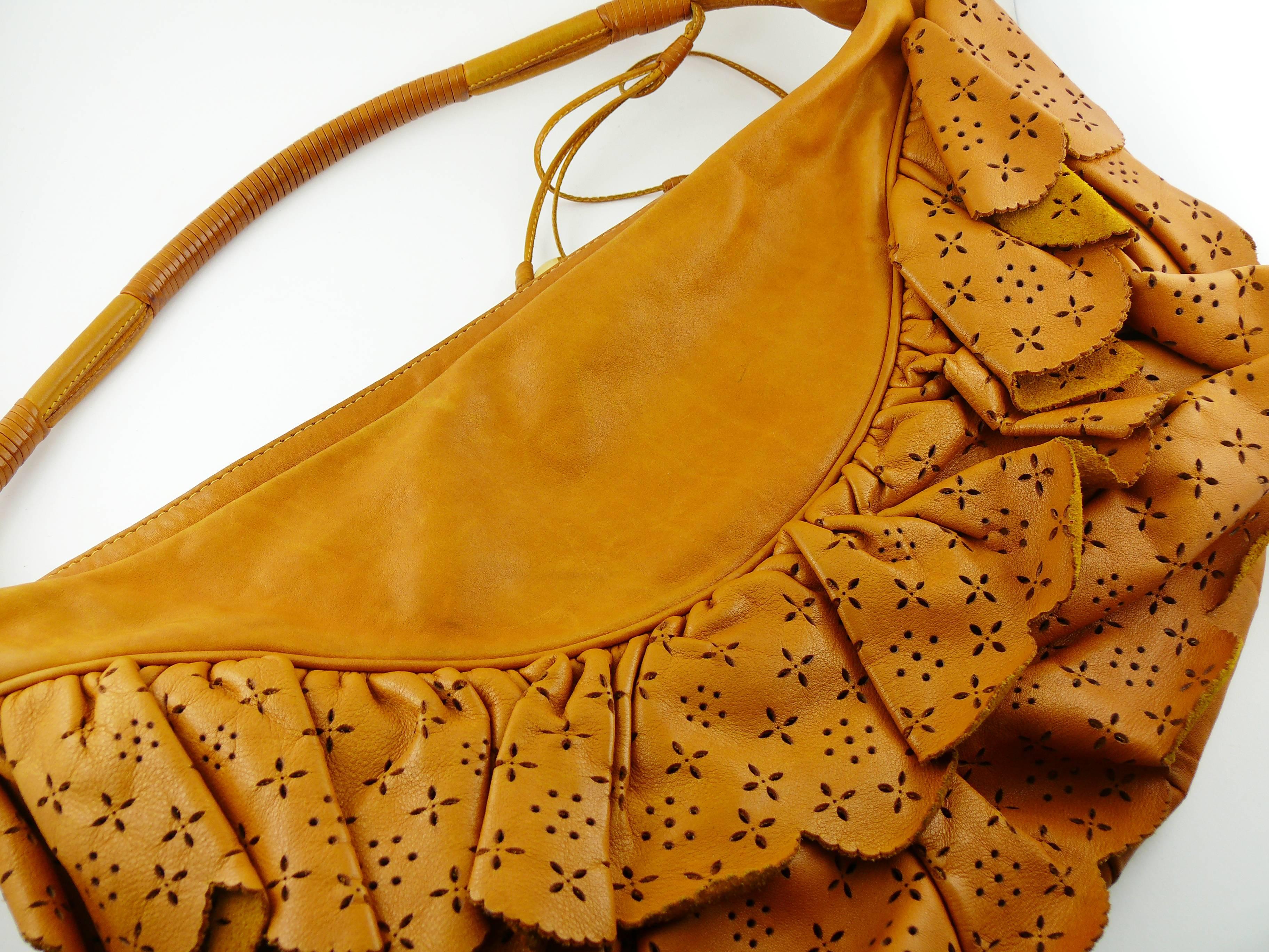 Christian Dior Washed Cognac Leather Gypsy Ruffle Bag In Good Condition In Nice, FR