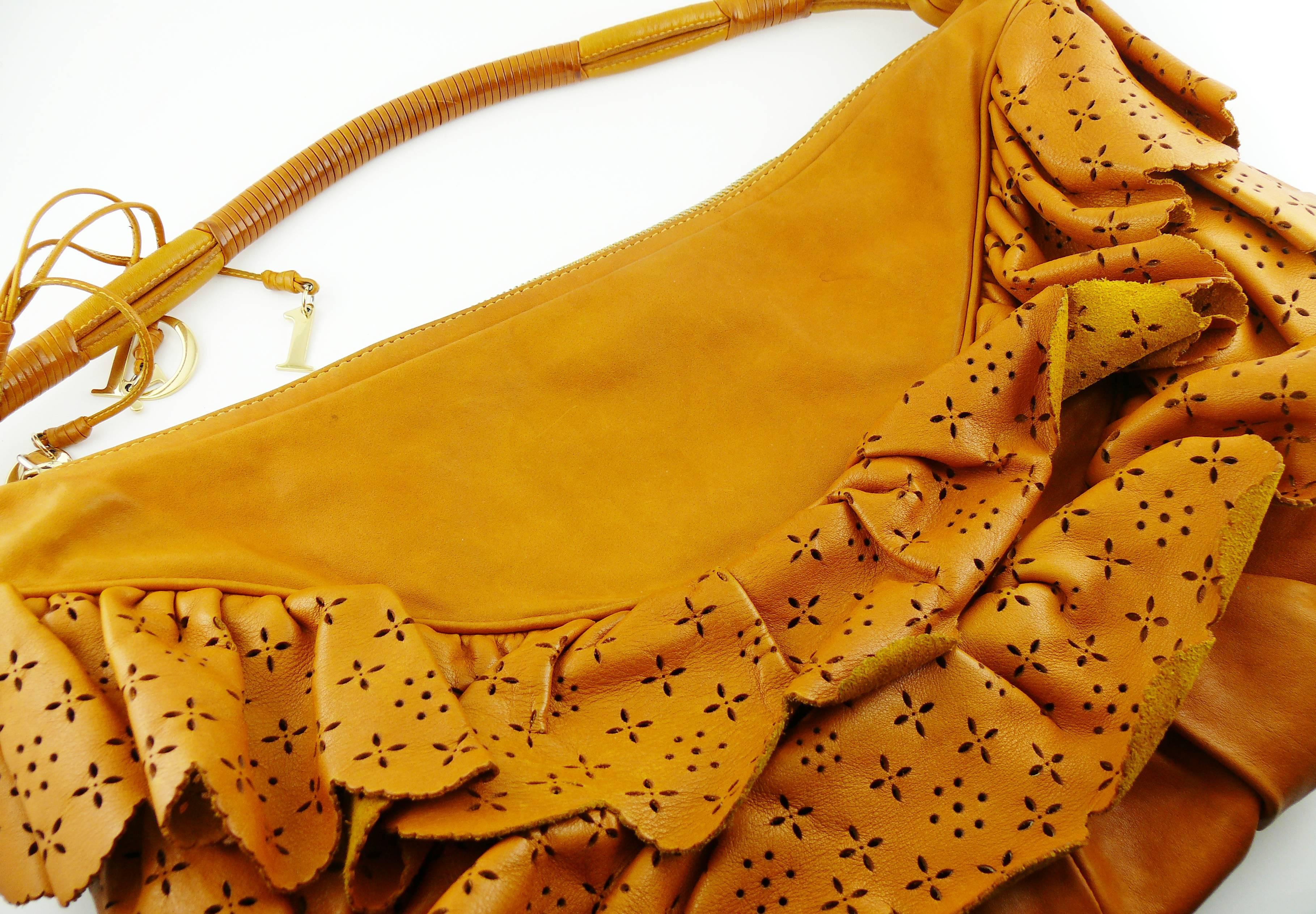Women's Christian Dior Washed Cognac Leather Gypsy Ruffle Bag