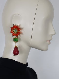 CHRISTIAN LACROIX Vintage Colorful Beaded Floral Statement Dangle Earrings