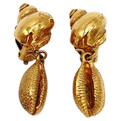 YVES SAINT LAURENT YSL Vintage Gold-Tone Sea Life Dangle Earrings