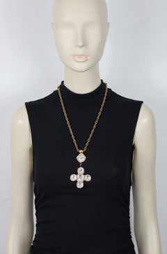YVES SAINT LAURENT YSL Vintage Gold-Tone Jewelled Cross Pendant Necklace