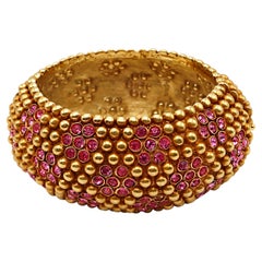 YVES SAINT LAURENT YSL Vintage Gold-Tone Jewelled Pink Crystal Cuff Bracelet
