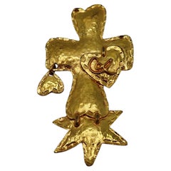CHRISTIAN LACROIX Vintage Gold-Tone Cross and Heart Brooch Pendant
