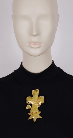 CHRISTIAN LACROIX Vintage Gold-Tone Cross and Heart Brooch Pendant