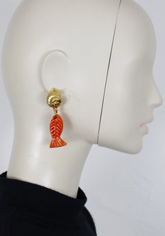 YVES SAINT LAURENT YSL Vintage Sea Life Orange Fish Dangle Earrings