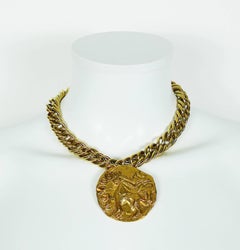Yves Saint Laurent YSL Vintage Griffin Lion Coin Pendant with Chunky Curb Chain