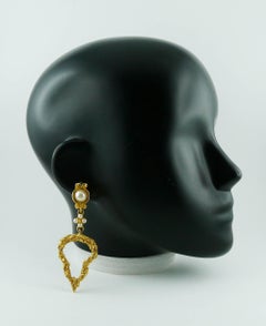 Karl Lagerfeld Vintage Gold Toned Heart and Pearl Dangling Earrings