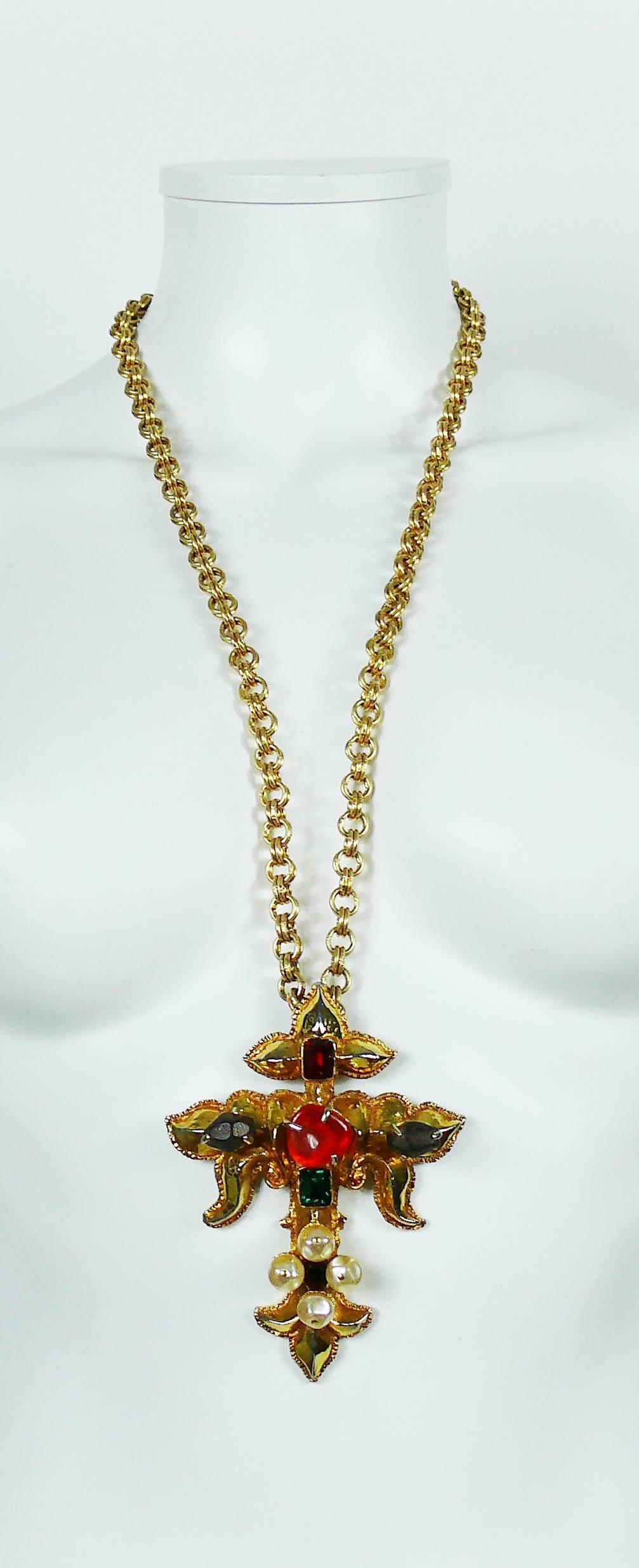 CHRISTIAN LACROIX vintage rare runway gold toned necklace featuring a chuncky chain and a gorgeous Baroque jewelled cross embellished with multicolored crystals, faux pearls, wood and resin cabochons.

Hook clasp closure.
Extension chain.

Marked