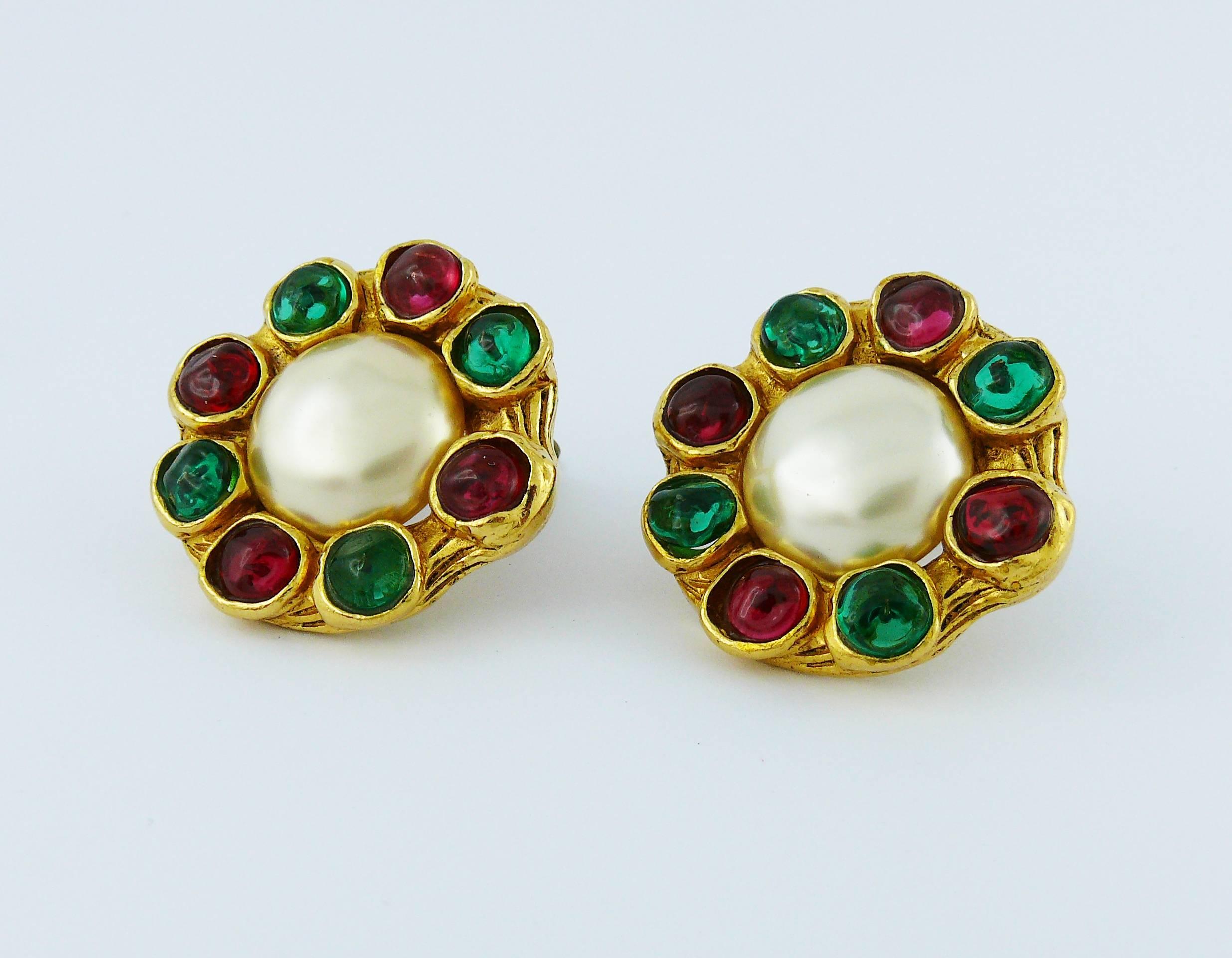 Women's Chanel Vintage Gripoix Multicolor Glass Cabochons and Faux Pearl Earrings