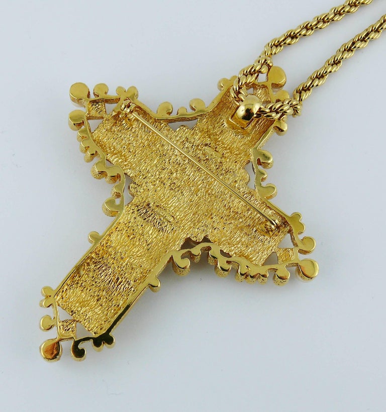 Christian Dior Vintage Bejeweled Cross Pendant Necklace Brooch at