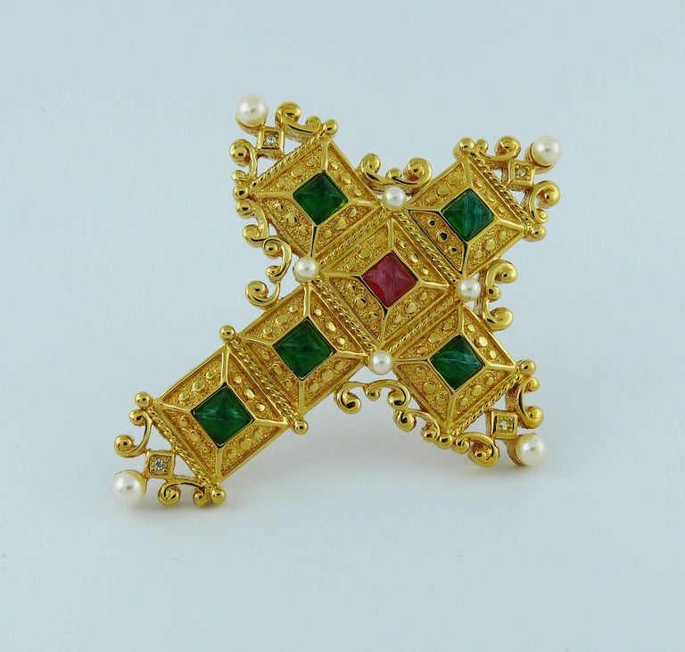 Christian Dior Vintage Bejeweled Cross Pendant Necklace Brooch at