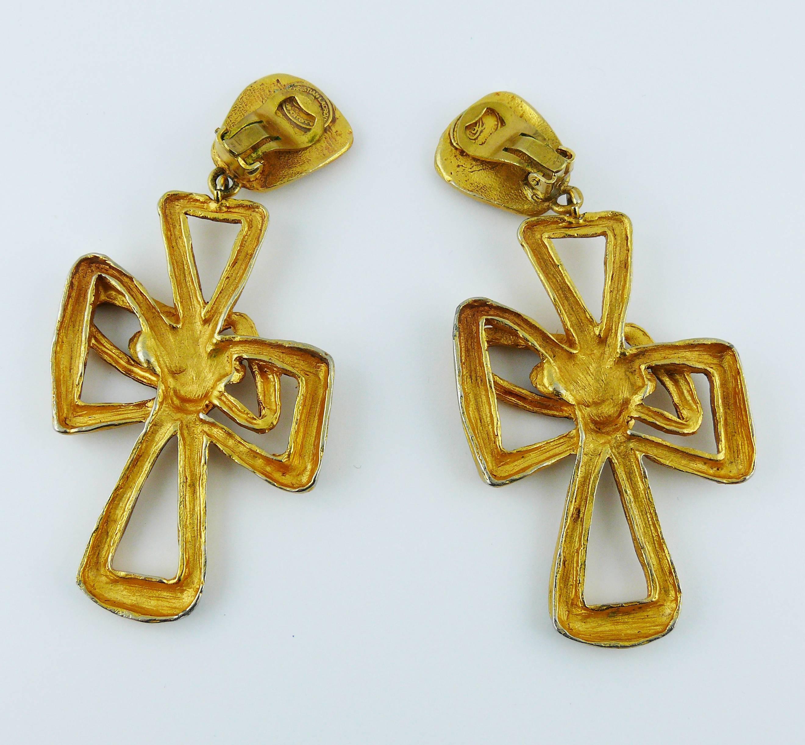 Christian Lacroix Vintage Massive Gold Toned Cross Dangling Earrings 3