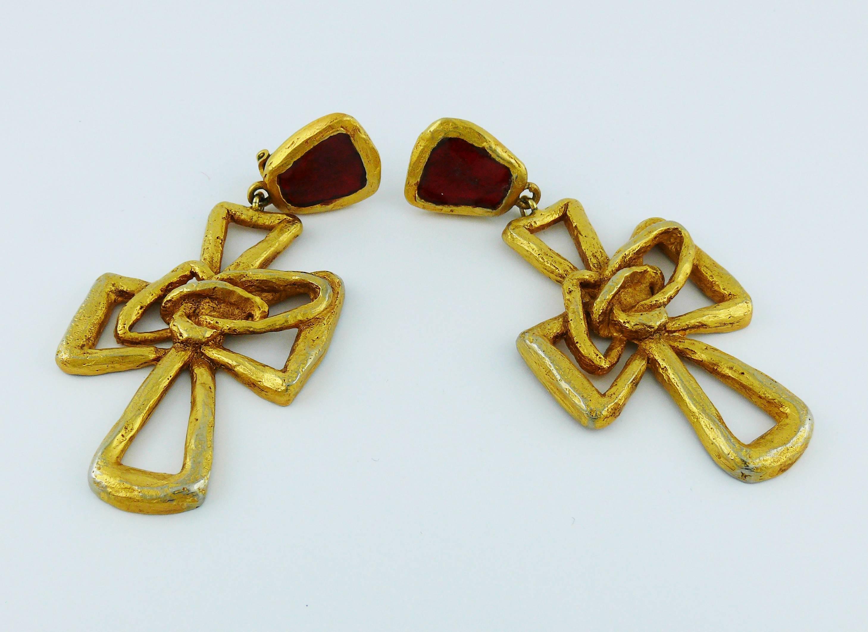 Christian Lacroix Vintage Massive Gold Toned Cross Dangling Earrings 1