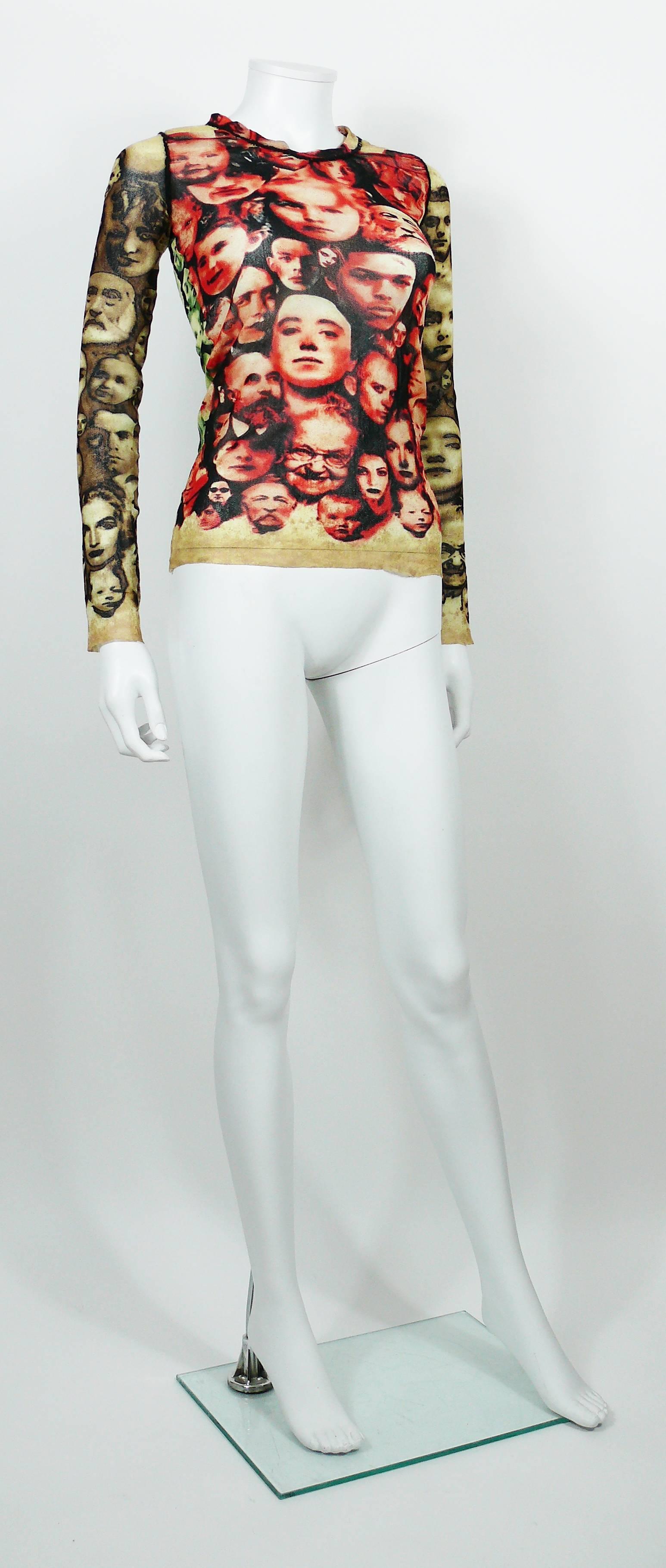JEAN PAUL GAULTIER Maille Femme vintage iconic sheer mesh top featuring a faces print.

Exposed thick black stitches. Long sleeves, round neck.

Label reads JEAN PAUL GAULTIER Maille Femme Made in Italy.

Composition tag reads : 100% Nylon.

Size