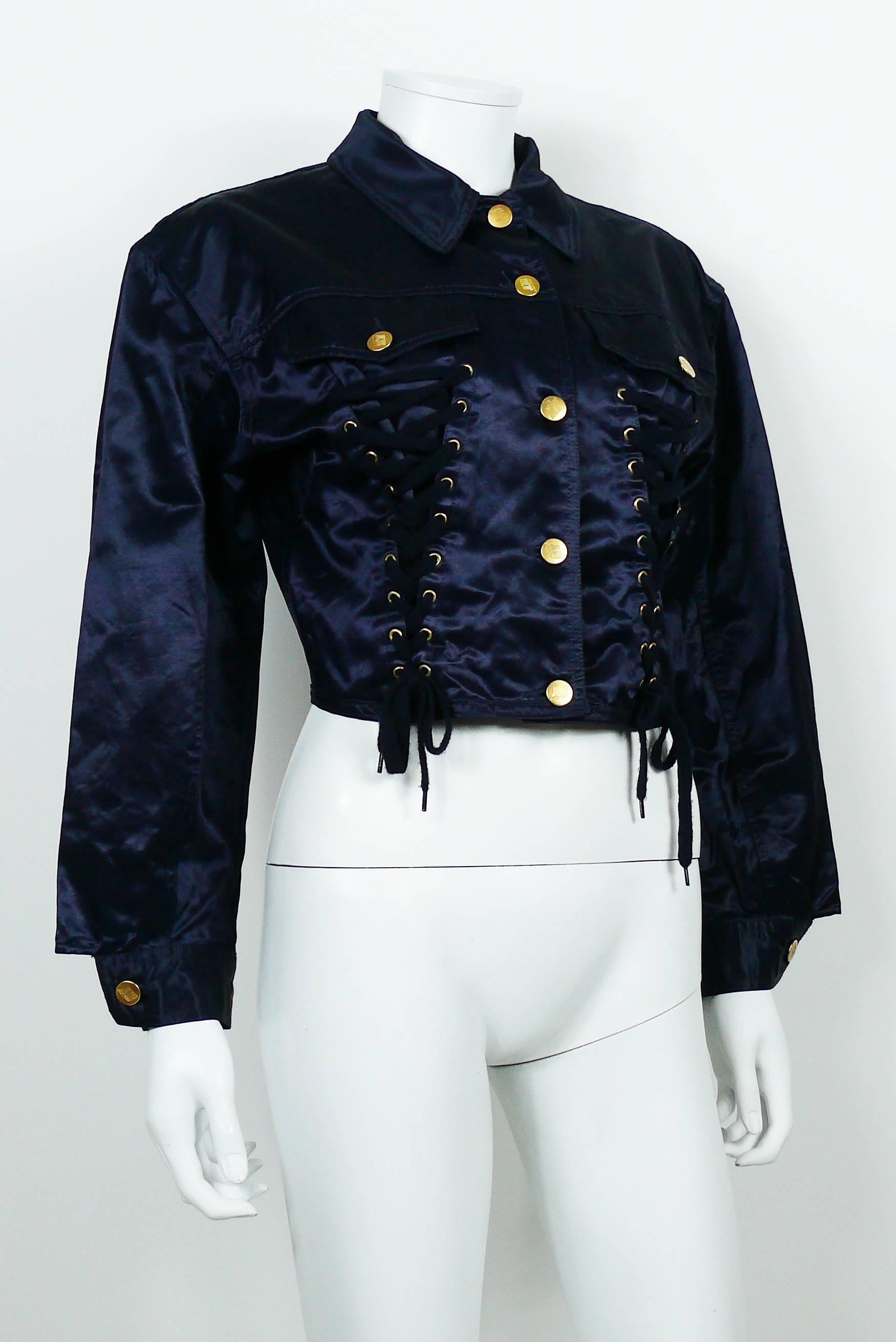 Black Jean Paul Gaultier Junior Vintage Navy Blue Iconic Corset Style Jacket
