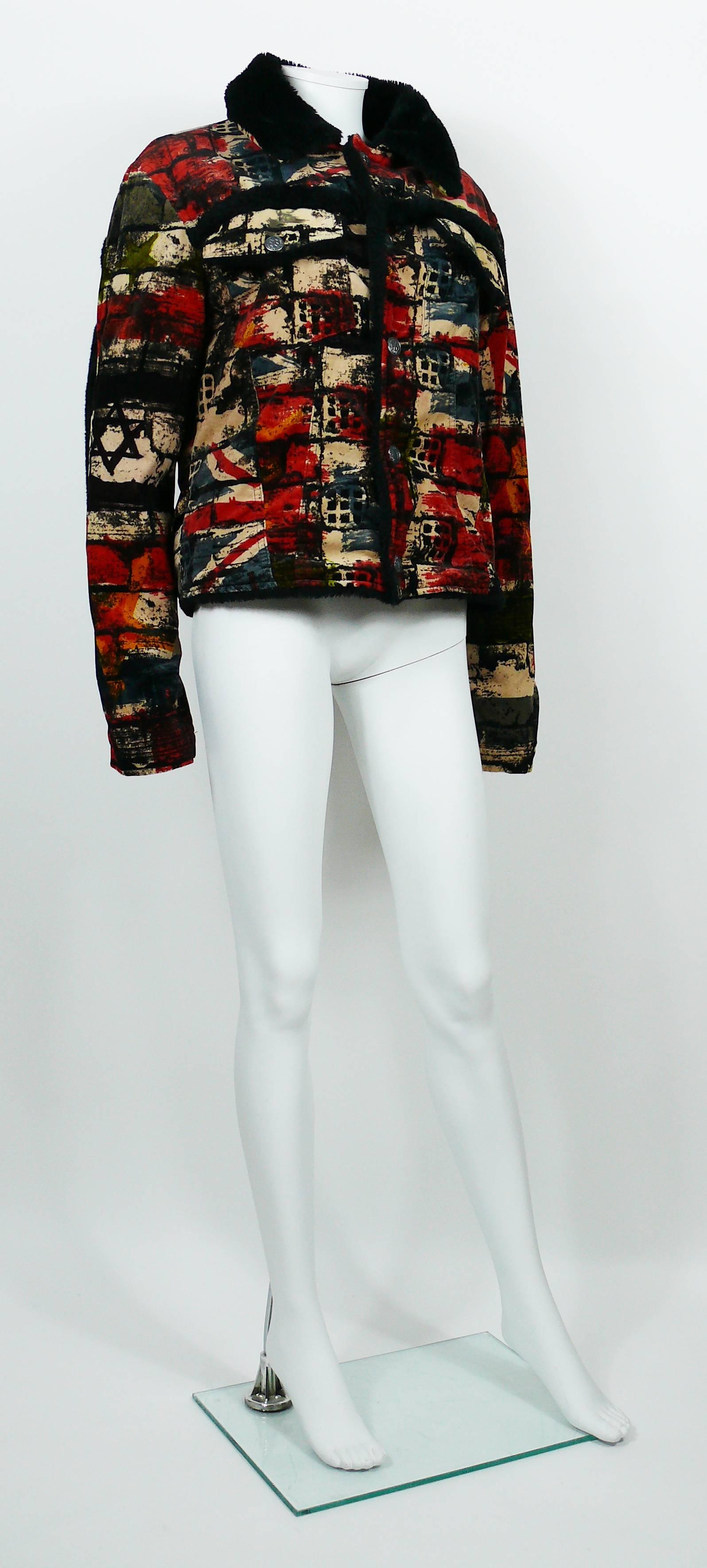 JEAN PAUL GAULTIER vintage jacket featuring a multi colored wall and flags print.

This jacket features :
- Velvety touch material.
- Faux fur collar.
- Faux fur lining and seam details.
- Classic collar.
- Two chest pockets.
- Front snap buttons.
-