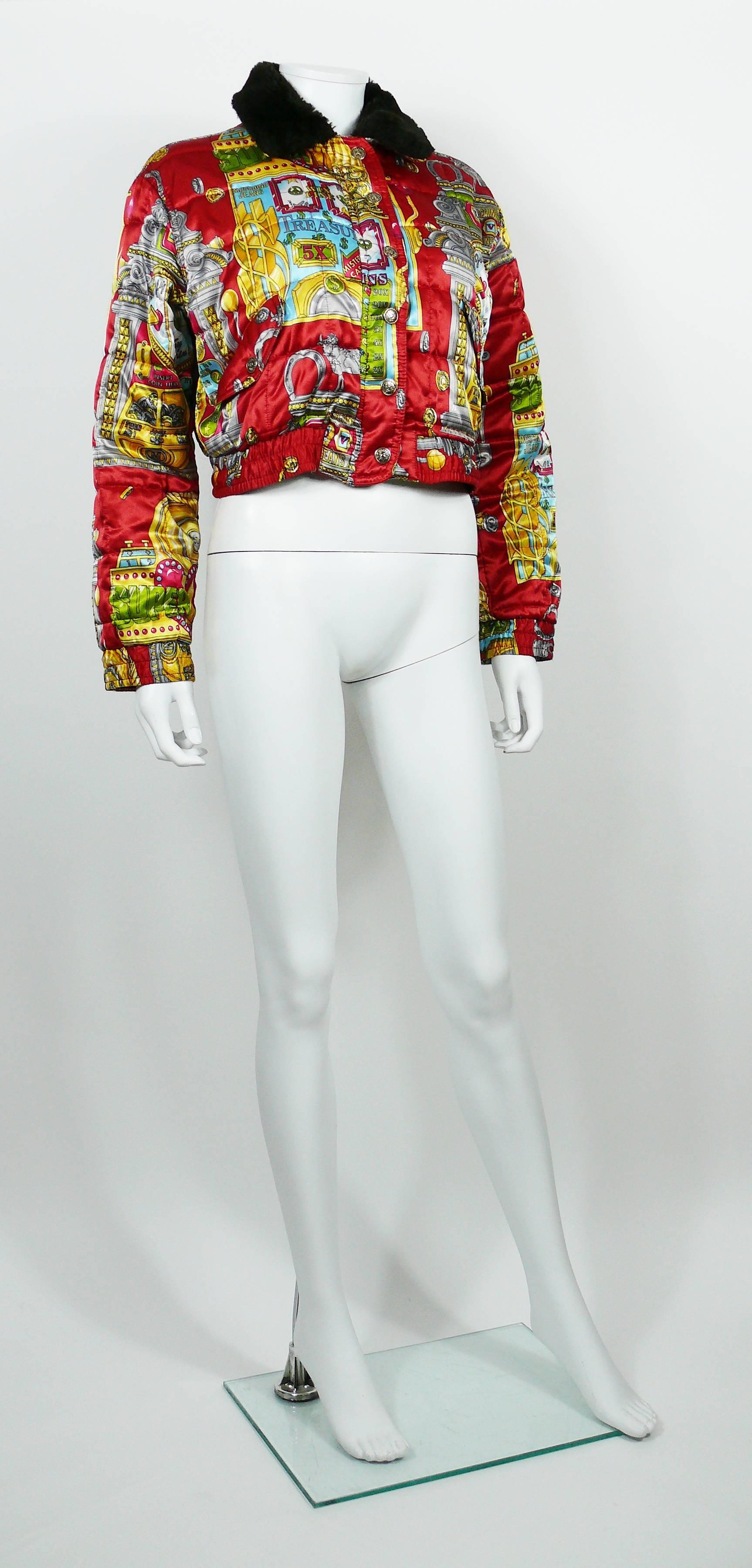 MOSCHINO JEANS vintage iconic multi colored bomber jacket featuring a slotter casino game print all over.

This bomber jacket features :
- Faux fur collar.
- Long sleeves.
- Front zipper and snap buttons closure.
- Two pockets.
- Gold toned