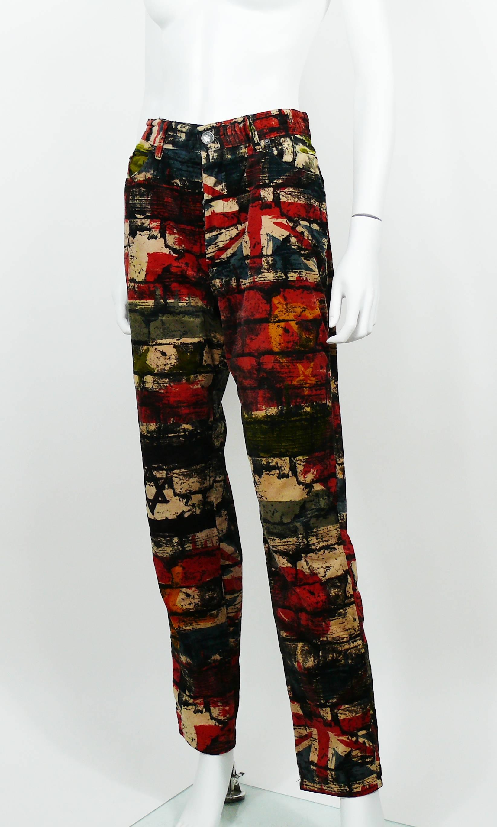 Black Jean Paul Gaultier Vintage Wall and Flags Print Pants Trousers