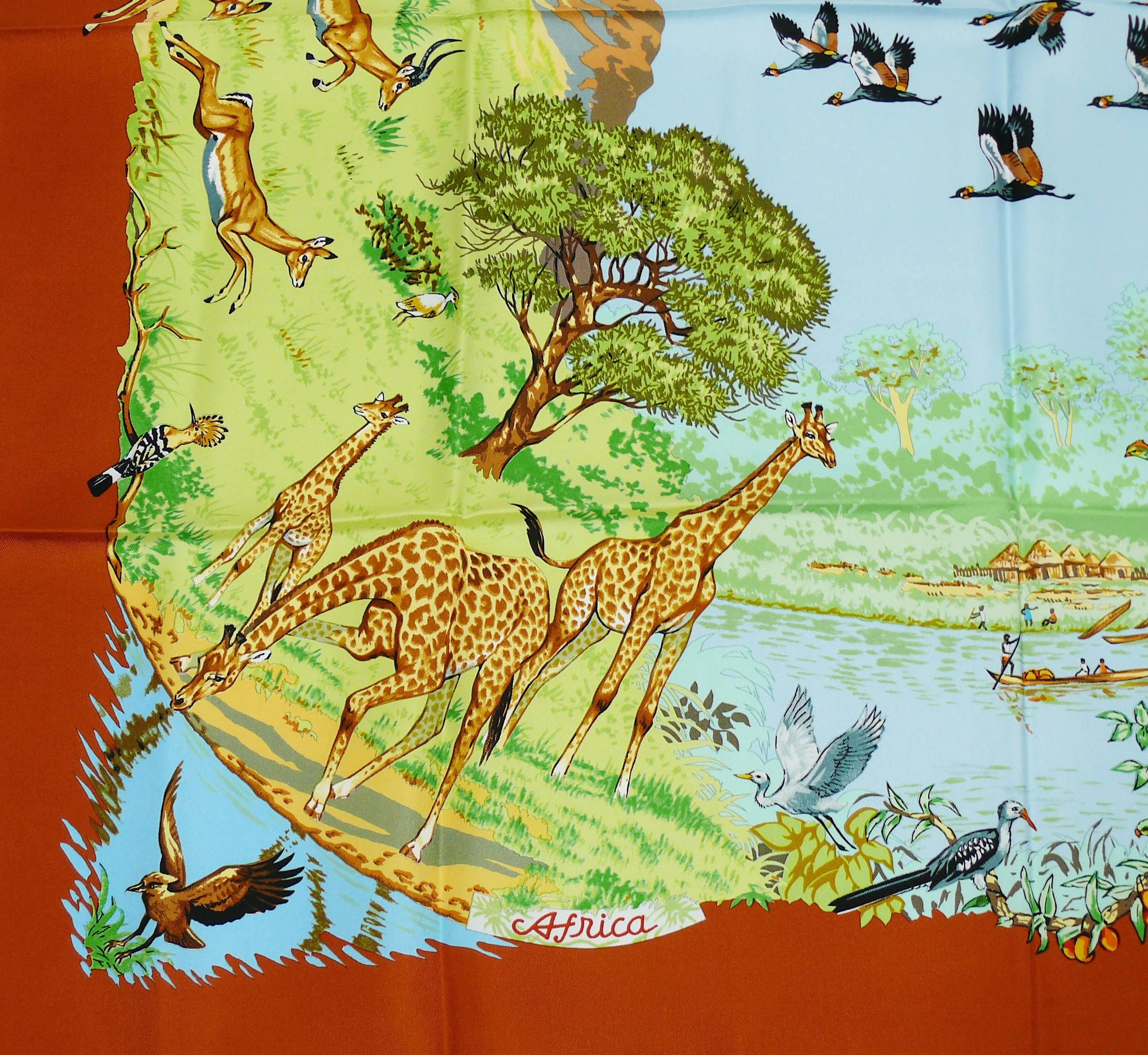 HERMES vintage silk carre scarf "AFRICA" designed by ROBERT DALLET featuring a multicolored African flora and fauna design.

This scarf features :
- Crispy silk.
- Hand rolled borders.
- Plump hems.
- 100 % silk.
- Composition and care tag