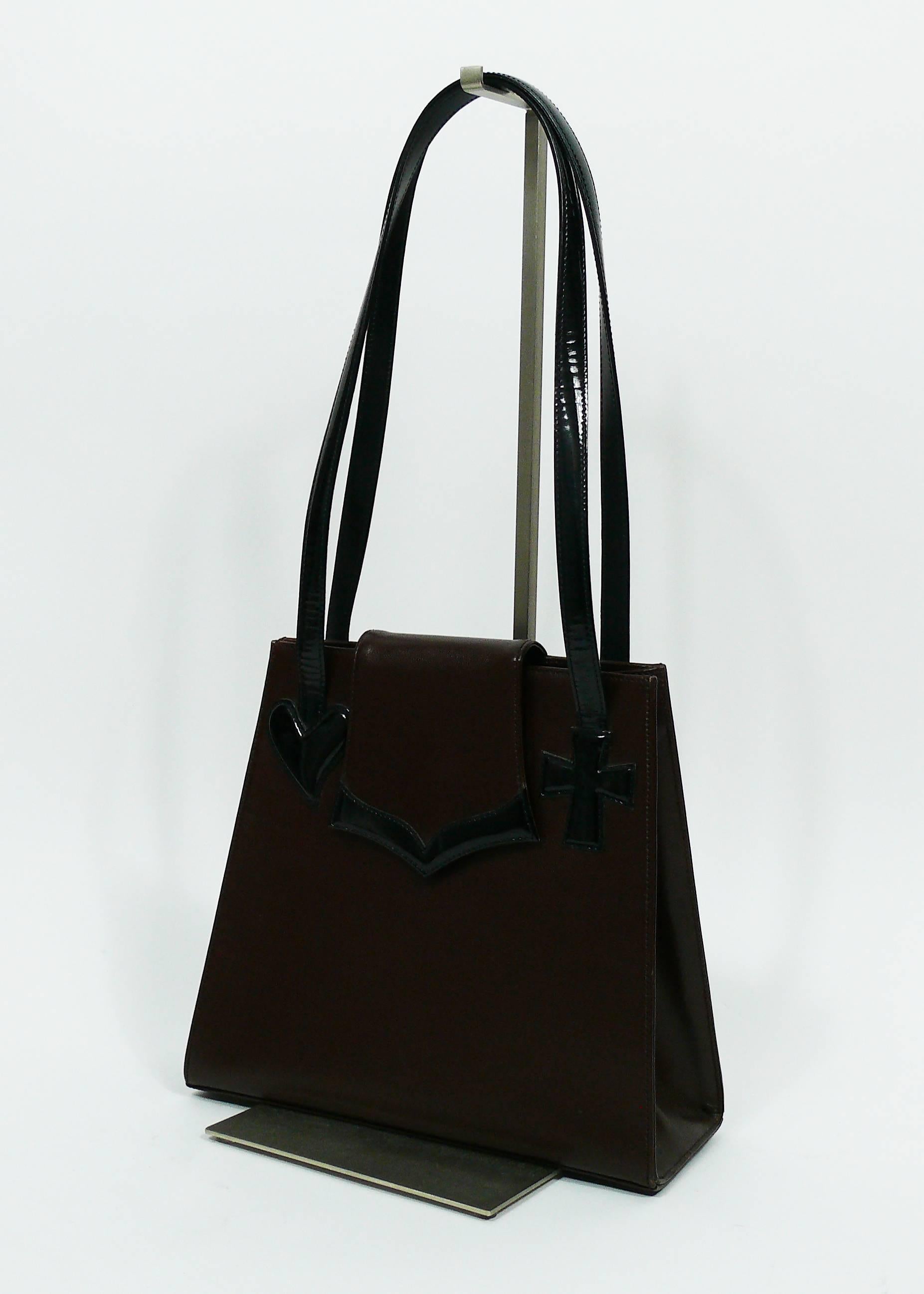 Christian Lacroix Vintage Brown Leather Bag with Black Patent In Good Condition In Nice, FR