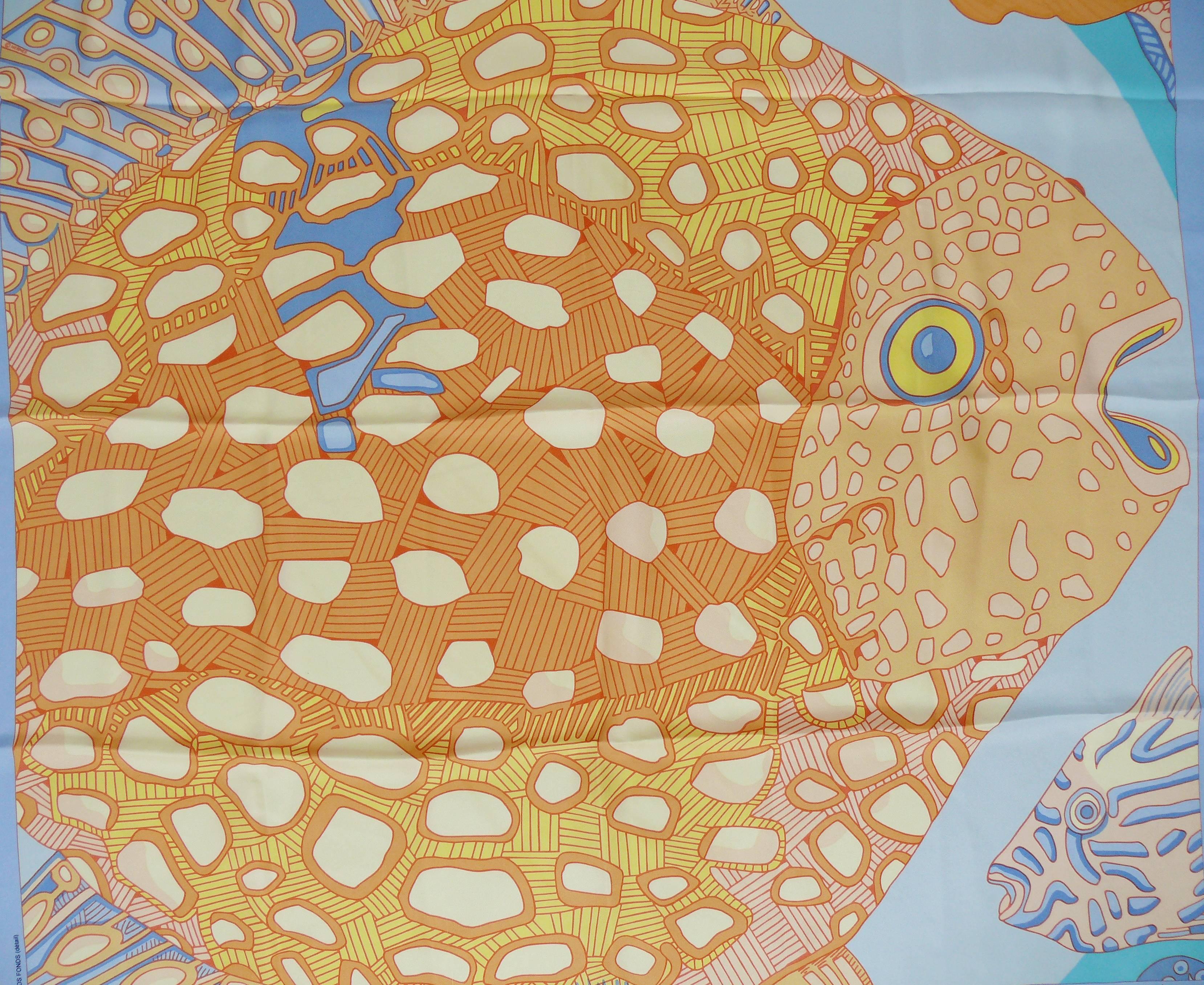 HERMES vintage silk carre scarf "Grands Fonds II" featuring a gorgeous opulent sea-life design.

Designed by ANNIE FAIVRE.

Composition and care tag missing.

Marked HERMES PARIS.

Indicative measurements : 88 cm x 86 cm (34.65 inches x